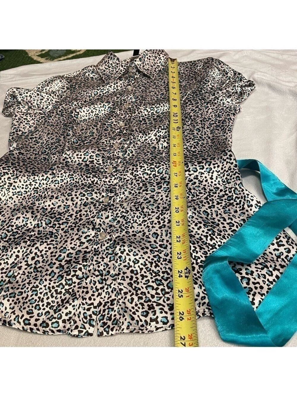 Heart Soul Y2K Leopard Print Puff Sleeve Satin Tie Blouse Size Large - Picture 9 of 14